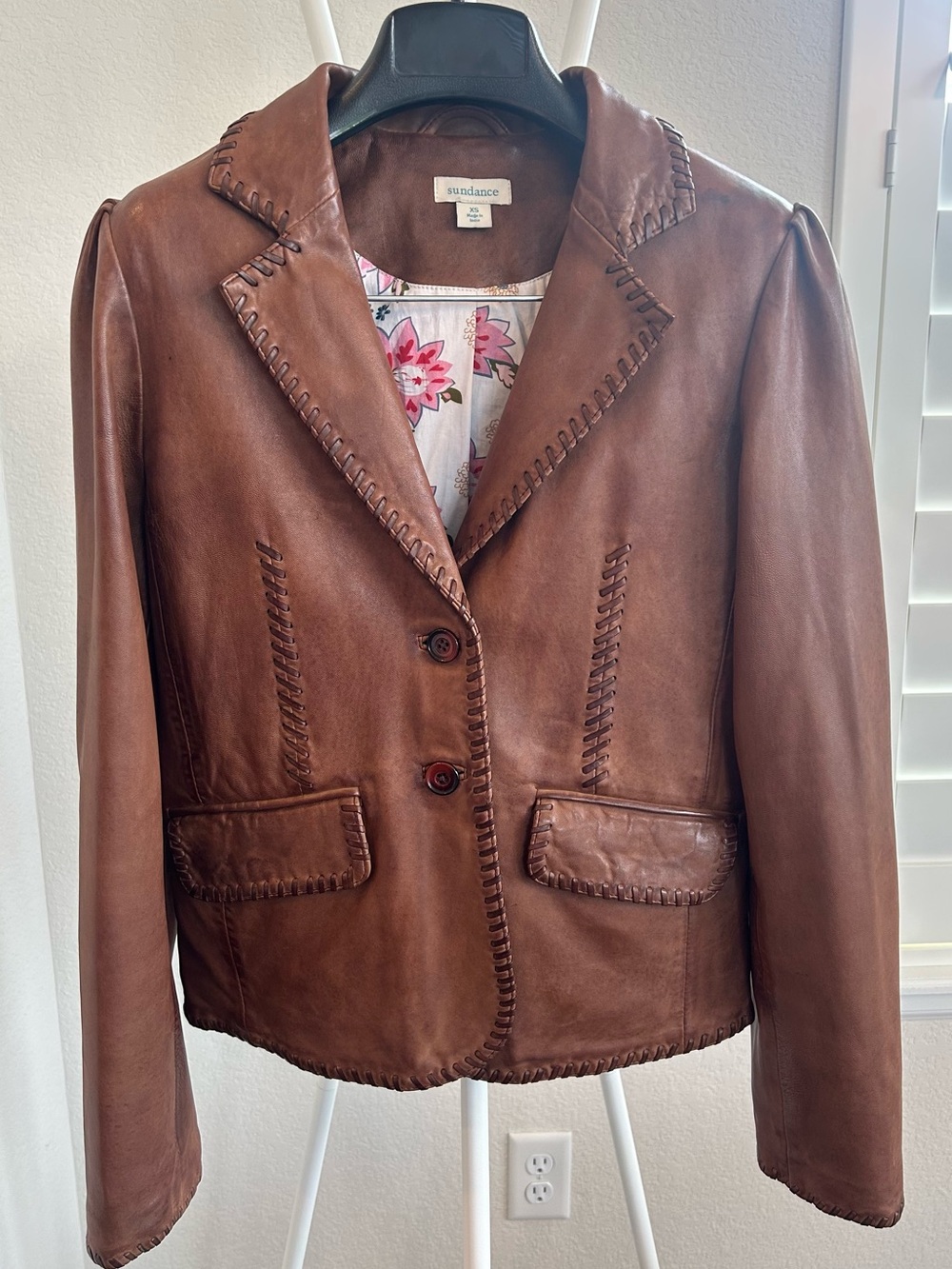 Vintage Sundance Leather Blazer Jacket Women's XS Brown Whipstitch